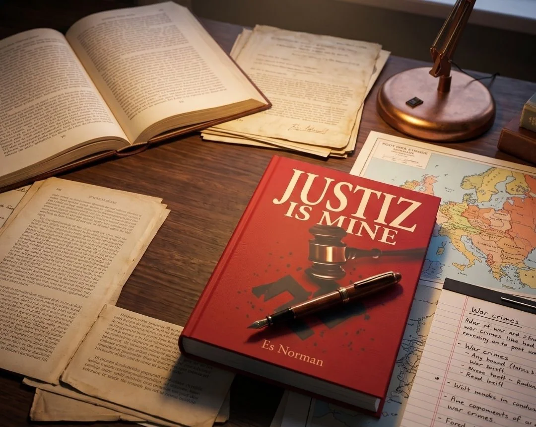 Justiz is Mine by Es Norman, hardcover on a desk with old papers, a pen, and a map of Europe.