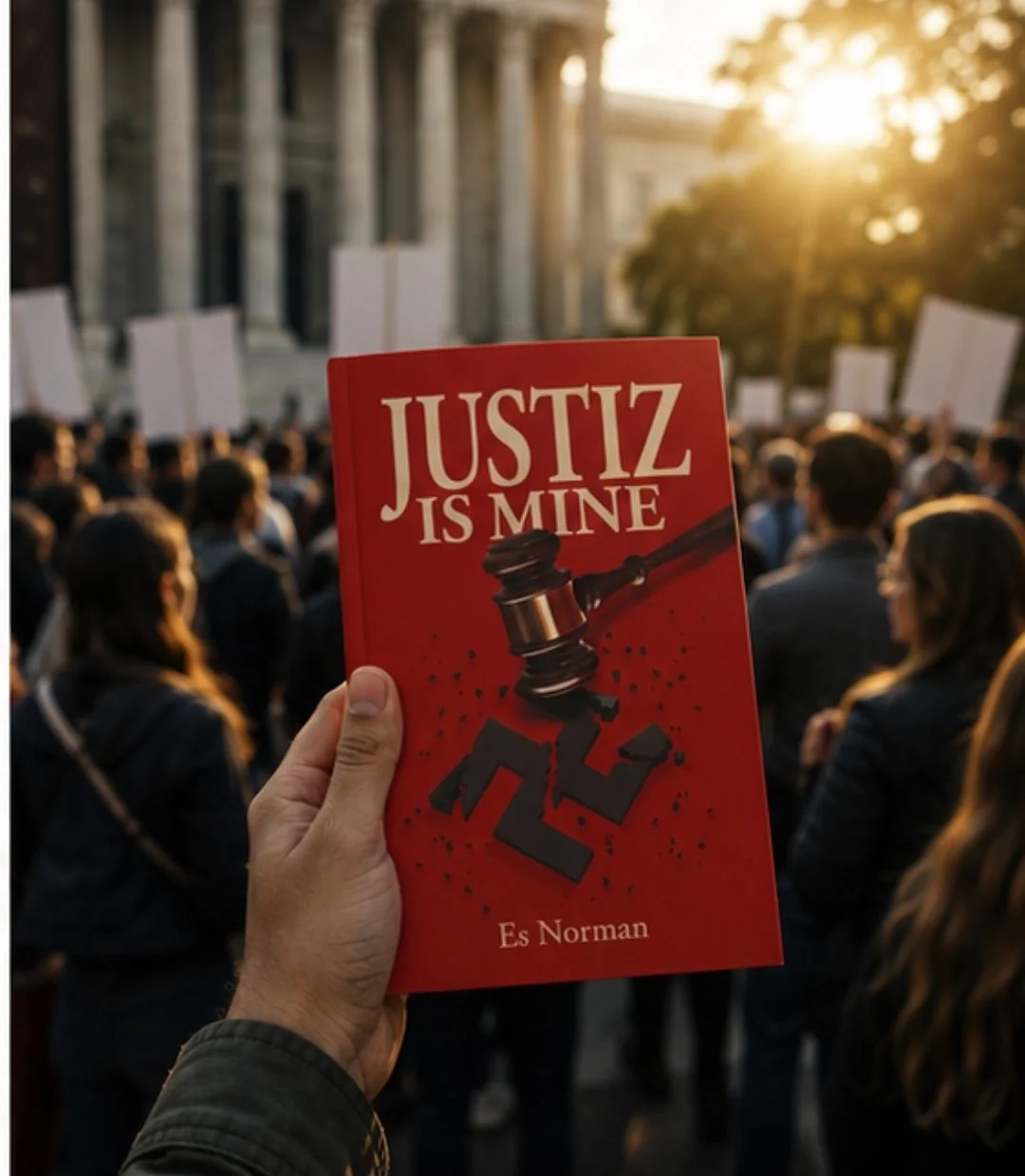 Justiz is Mine by Es Norman, book held up in front of a courthouse.