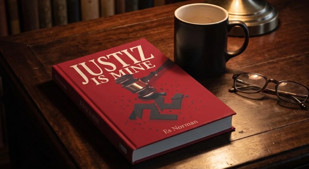 Justiz is Mine by Es Norman, hardcover on a dark wooden desk beside a mug and glasses.