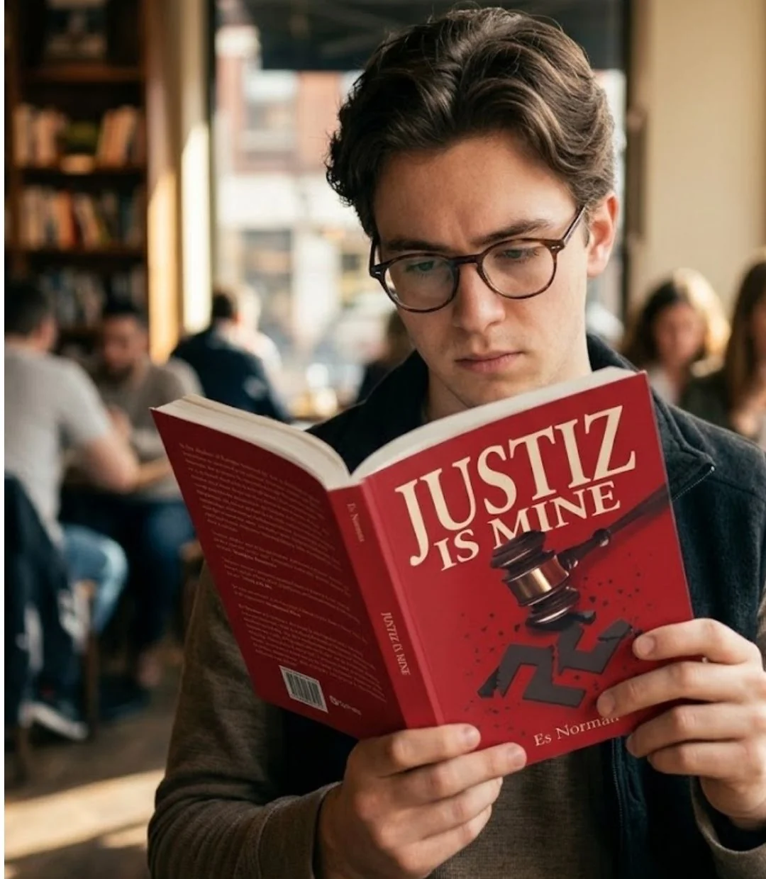 A man holding open Justiz is Mine by Es Norman in a cafe.