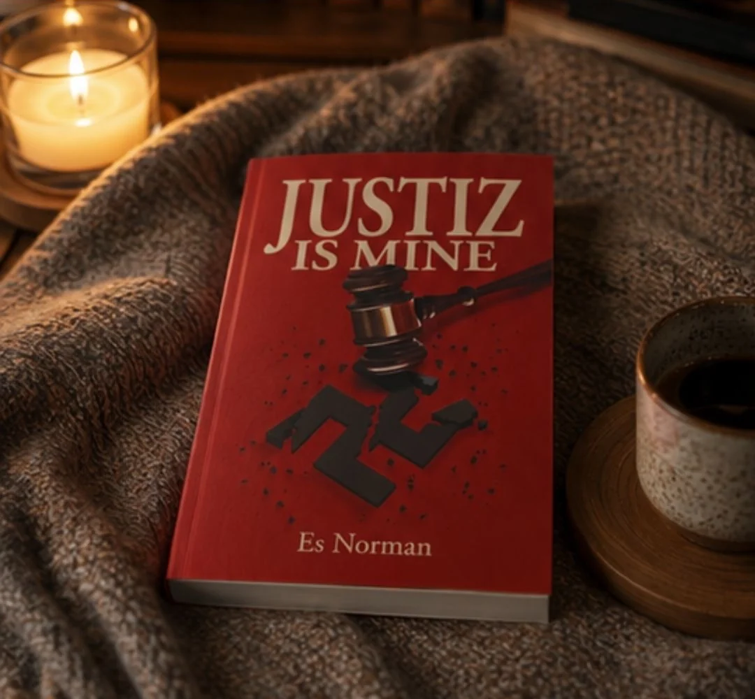 Justiz is Mine by Es Norman, paperback on a blanket beside a candle and a mug.